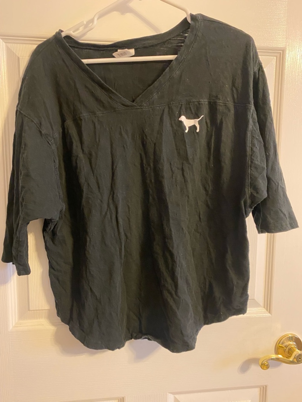 PINK Victoria's Secret Black V-Neck 3/4 Sleeve Tee with White Dog Patch